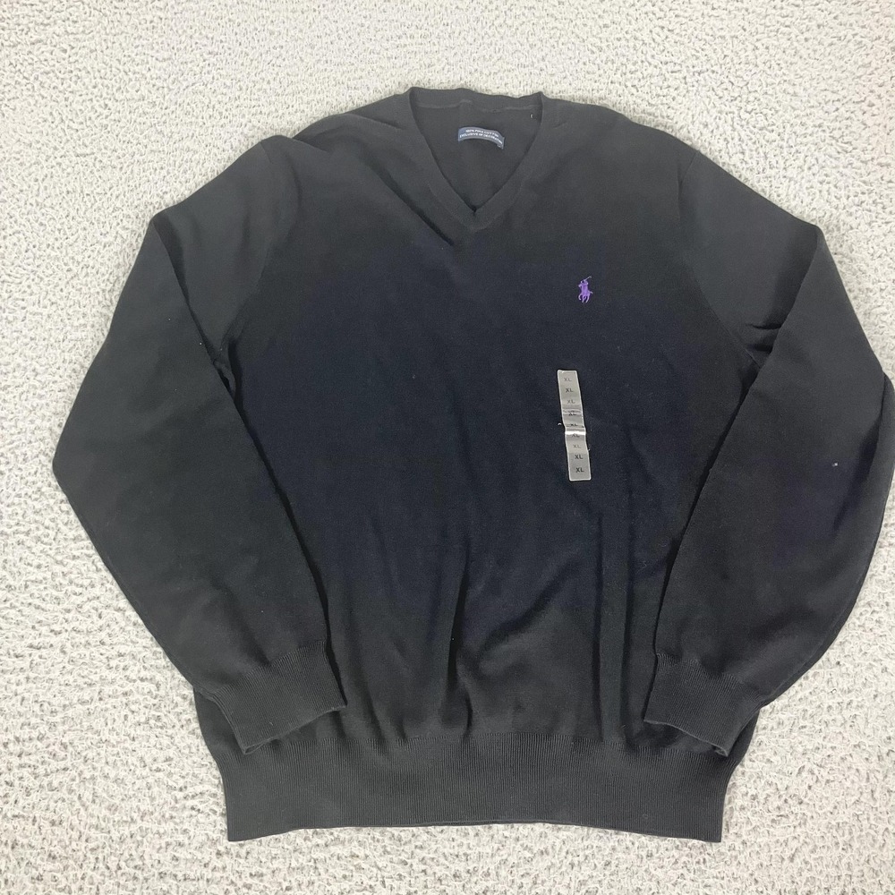 Polo Ralph Lauren Sweater Mens XL Black 100% Pima Cotton V Neck Knit Pullover